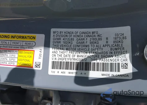 2024 Honda Civic Touring from USA, damaged, VIN 2HGFE1F97RH330672